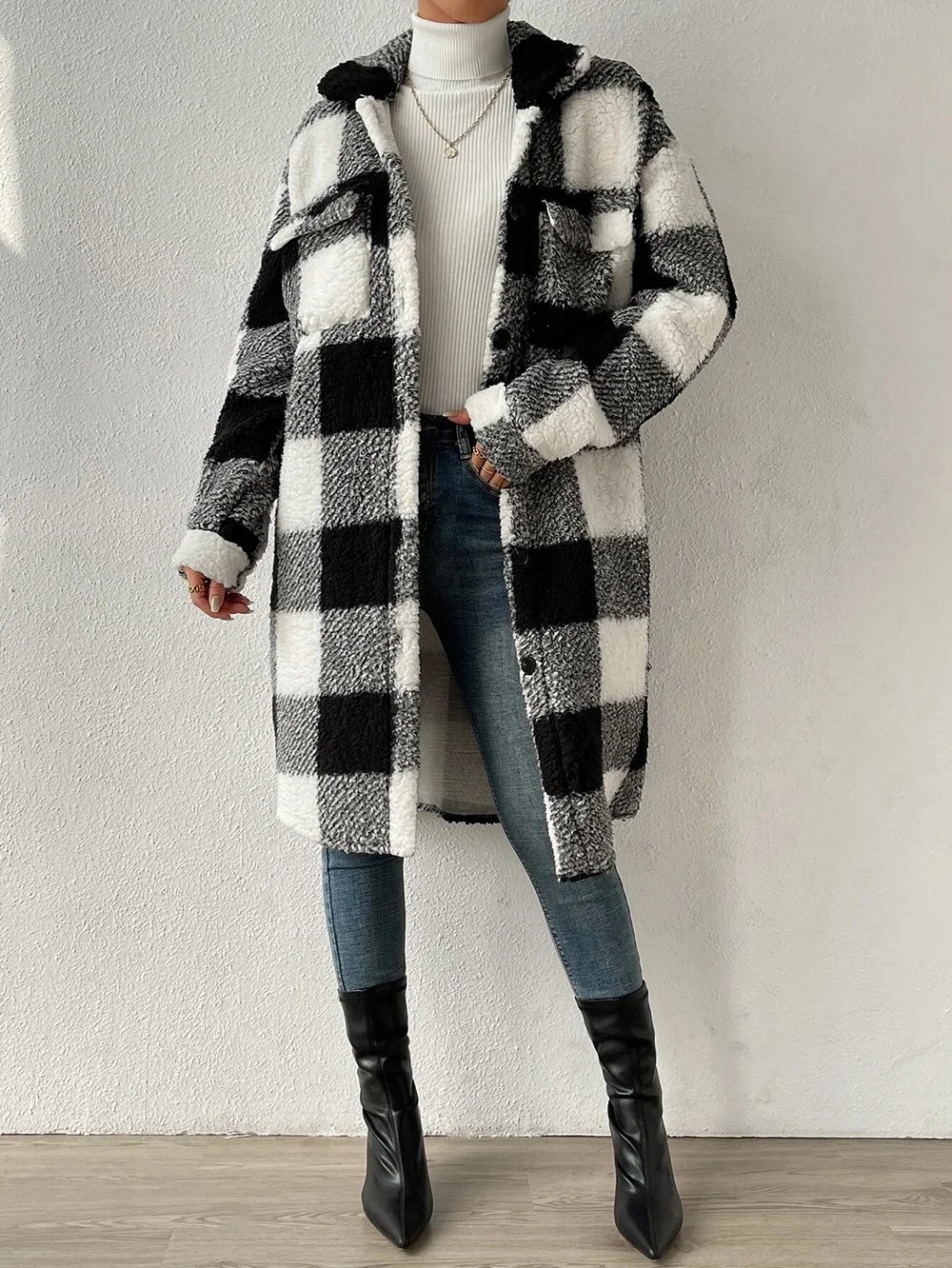 Women Winter Outerwear Casual Printing Plaid Long Sleeve Shawl Collar Jacket
