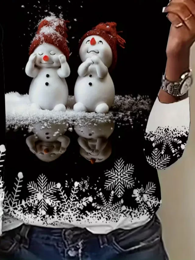 Casual Christmas Snowman Crew Neck Long Sleeve T-shirt