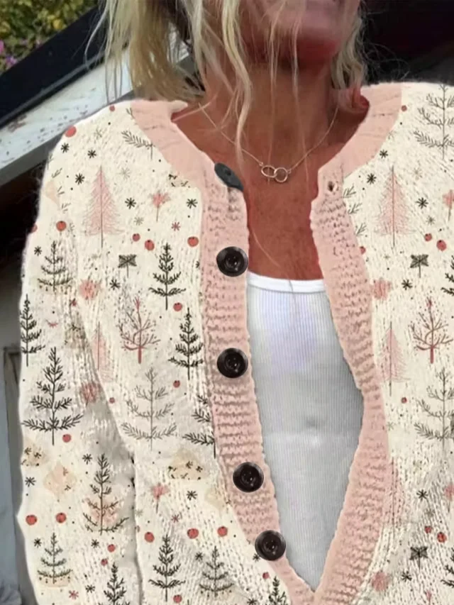 Women Christmas Long Sleeve Comfy Vintage Printing Cardigan