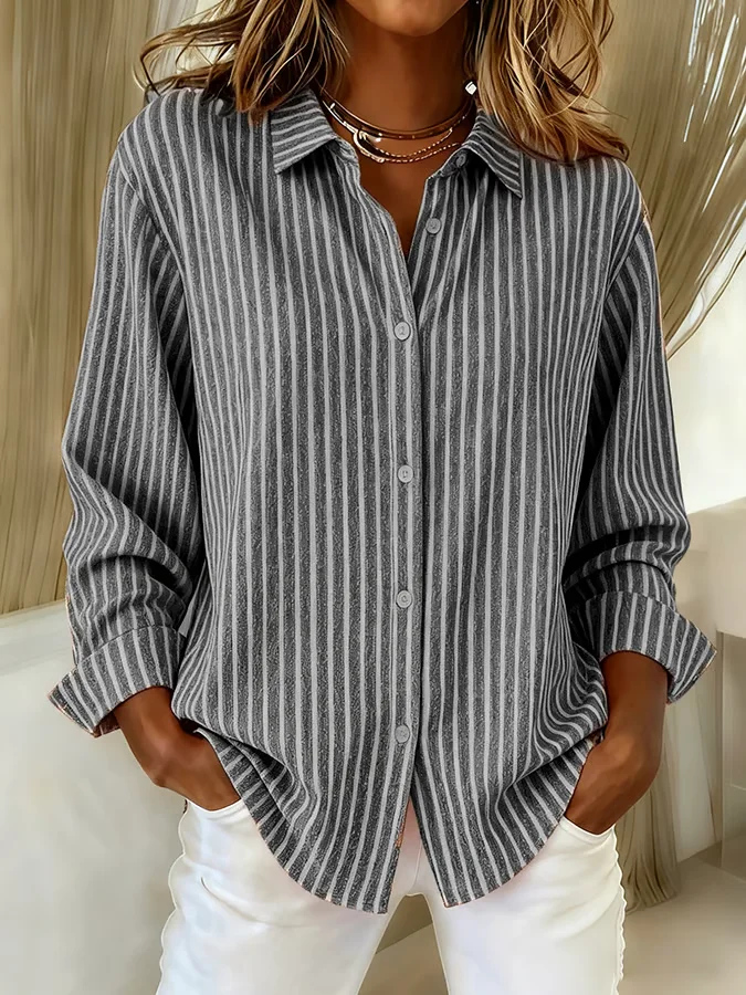 Shirt Collar Regular Sleeve Long Sleeve Striped Buckle Regular Loose Button Up Shirt Shirt For Women
