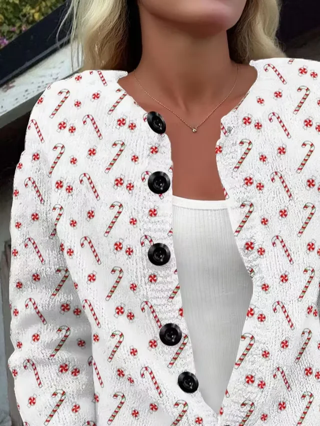 Women Christmas Long Sleeve Comfy Vintage Printing Cardigan