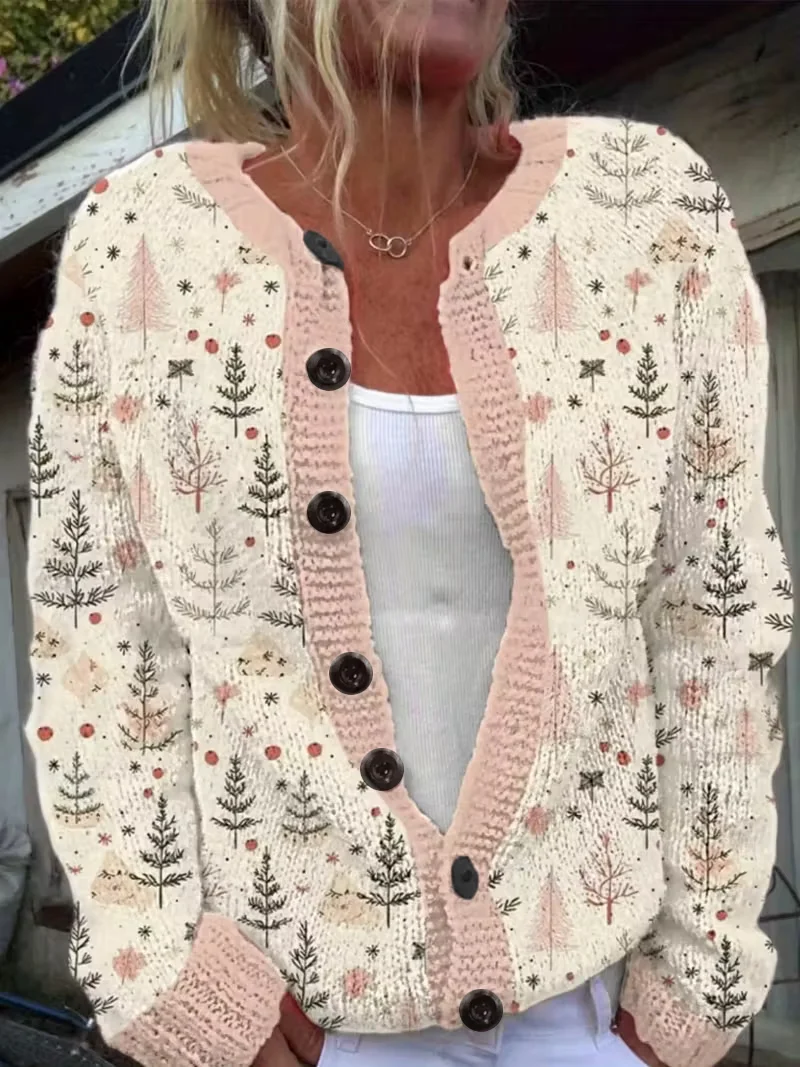 Women Christmas Long Sleeve Comfy Vintage Printing Cardigan
