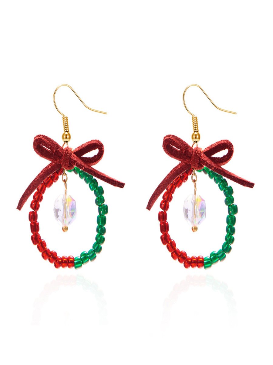Handmade Christmas Party Millet Bead Earrings Bowknot Fashion Wreath Earrings