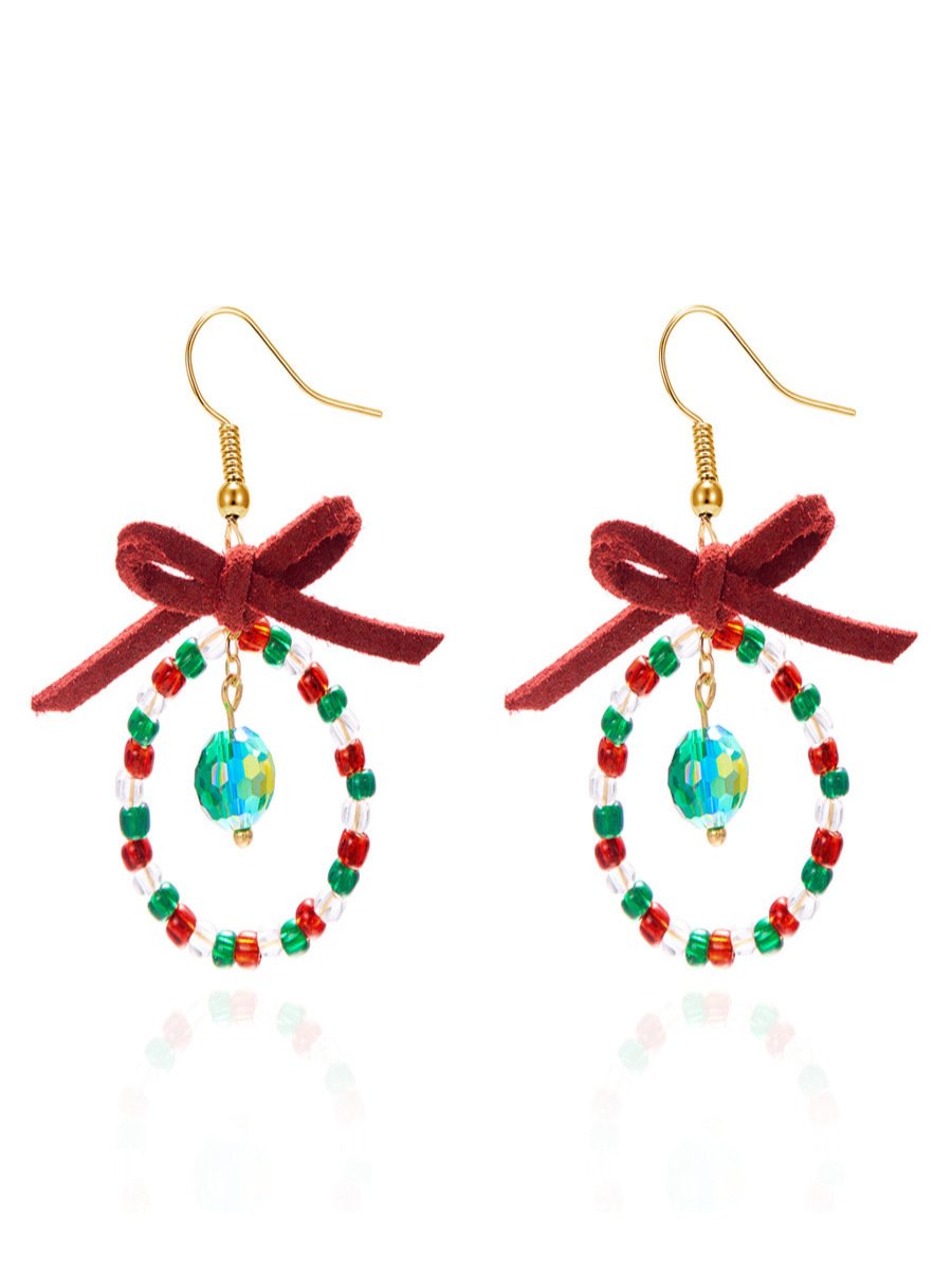 Handmade Christmas Party Millet Bead Earrings Bowknot Fashion Wreath Earrings