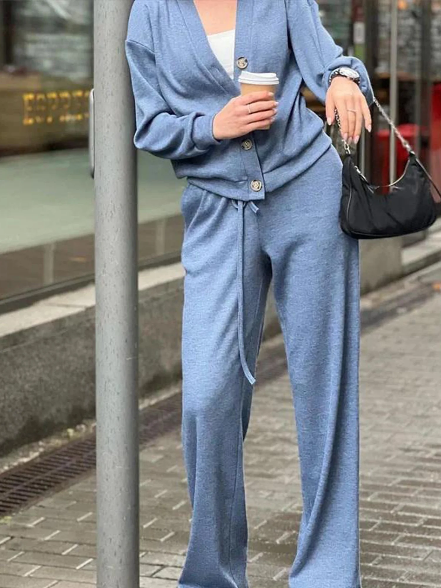 Women Plain Buttoned Two-Piece Set Daily Long Sleeve Casual Spring/Fall Top With Pants Matching Set