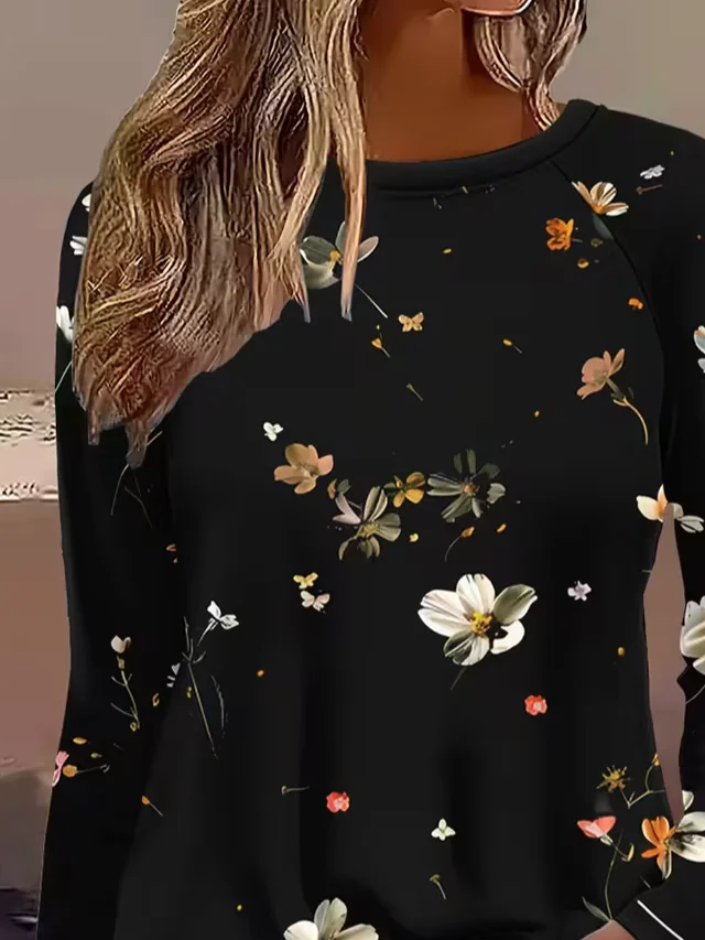 Casual Floral Crew Neck Long Sleeve T-shirt
