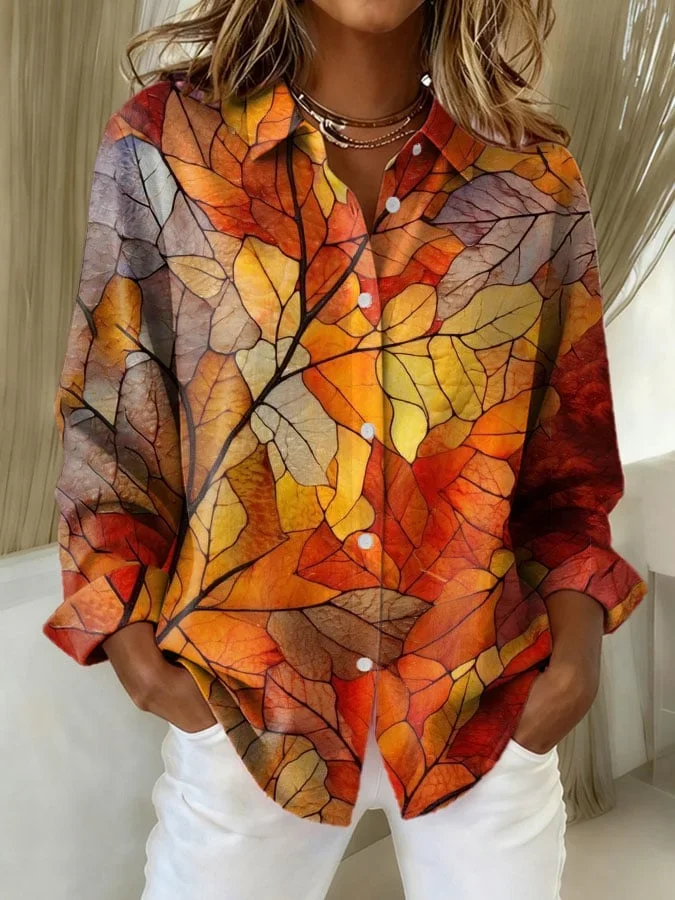 Shirt Collar Regular Sleeve Long Sleeve Maple Leaf Buckle Regular Loose Button Up Shirt Shirt For Women