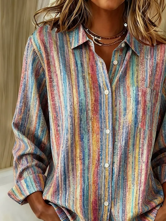 Shirt Collar Regular Sleeve Long Sleeve Striped Buckle Regular Loose Button Up Shirt Shirt For Women