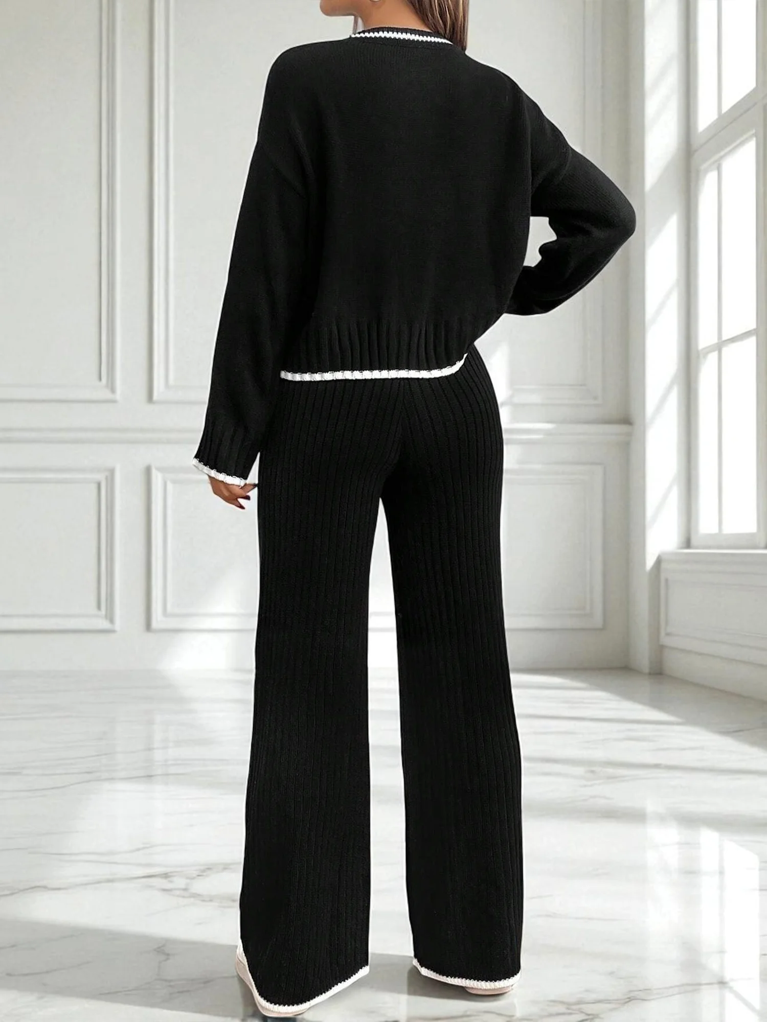 Women Color Block Two-Piece Set Daily Long Sleeve Casual Spring/Fall Top With Pants Matching Set