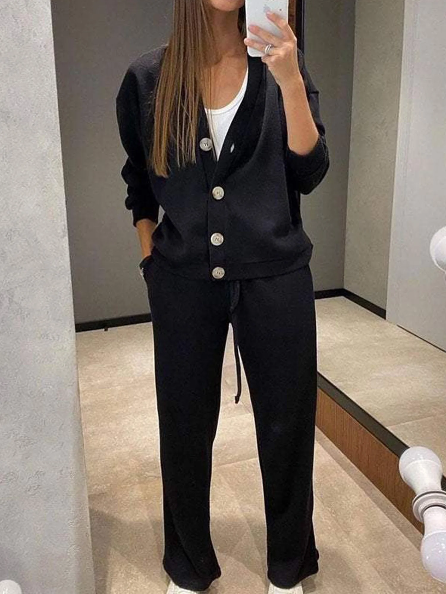 Women Plain Buttoned Two-Piece Set Daily Long Sleeve Casual Spring/Fall Top With Pants Matching Set