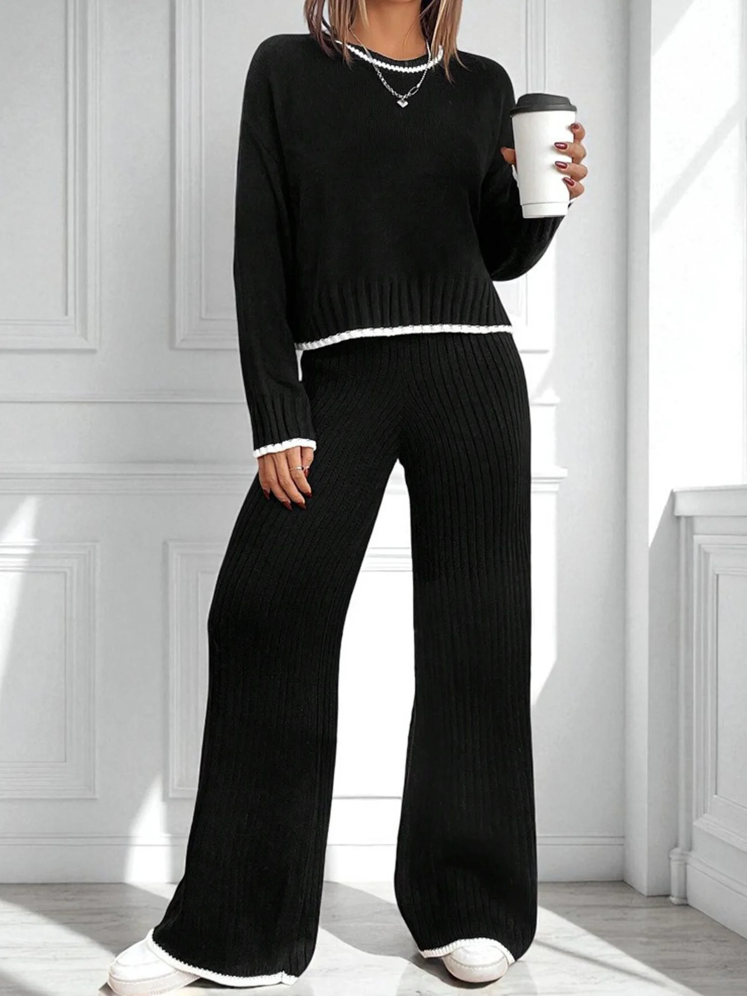 Women Color Block Two-Piece Set Daily Long Sleeve Casual Spring/Fall Top With Pants Matching Set