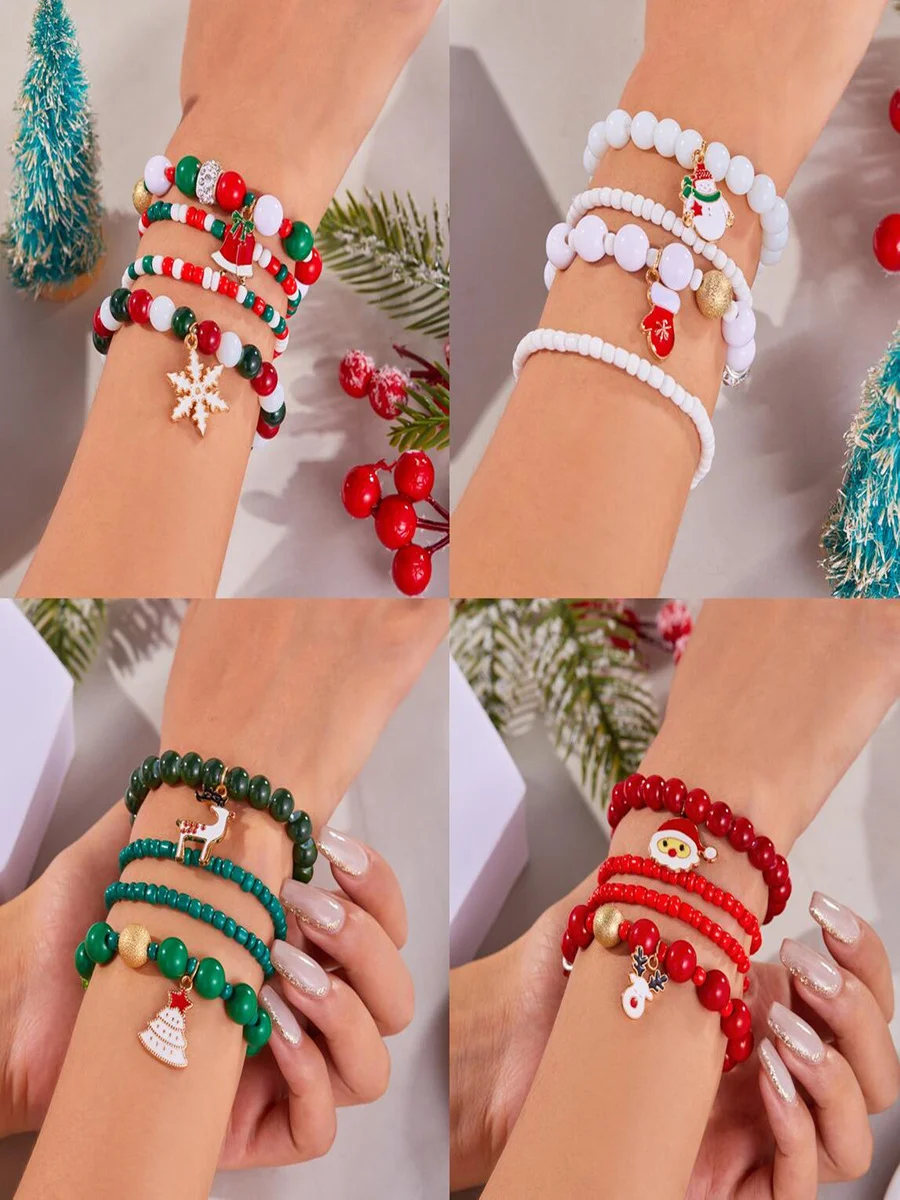 New Christmas Rice Bead Bracelet Four-pack Women's Stacking Santa Claus Snowflake Bell Elk Holiday Party Bracelet