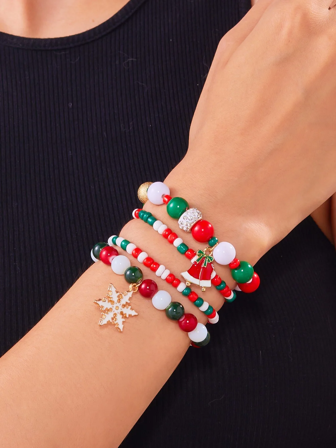New Christmas Rice Bead Bracelet Four-pack Women's Stacking Santa Claus Snowflake Bell Elk Holiday Party Bracelet