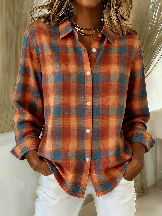 Shirt Collar Regular Sleeve Long Sleeve Plaid Buckle Regular Loose Button Up Shirt Shirt For Women