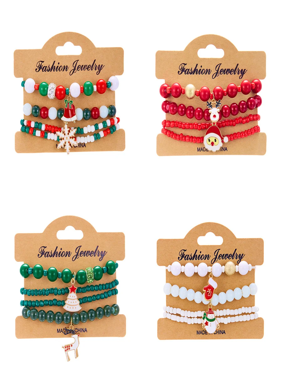 New Christmas Rice Bead Bracelet Four-pack Women's Stacking Santa Claus Snowflake Bell Elk Holiday Party Bracelet