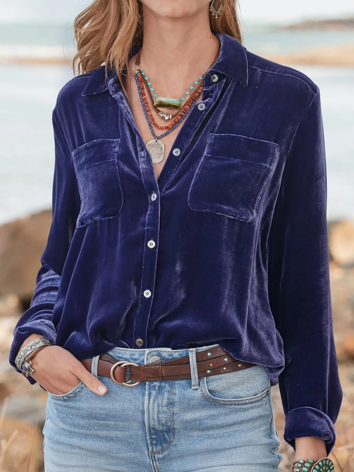 Shawl Collar Half Sleeve Plain Split Joint Regular Micro-Elasticity Loose Western Shirt Shirt For Women