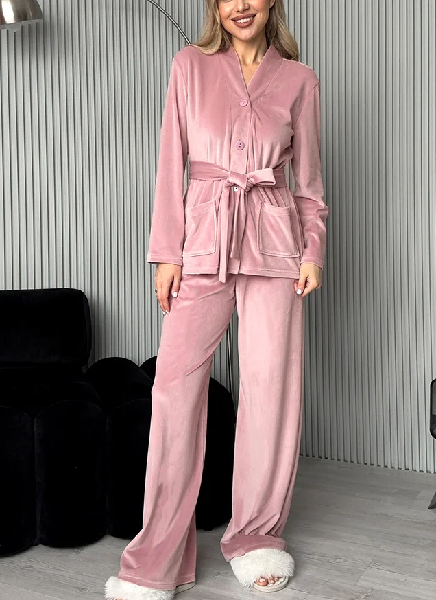 Women Plain Two-Piece Set Daily Long Sleeve Casual Spring/Fall Top With Pants Matching Set