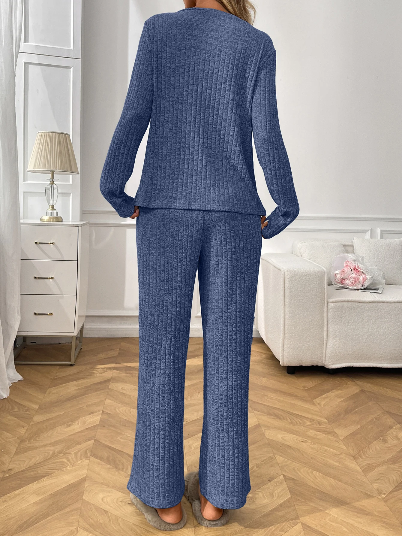 Women Plain Two-Piece Set Daily Long Sleeve Casual Spring/Fall Top With Pants Matching Set