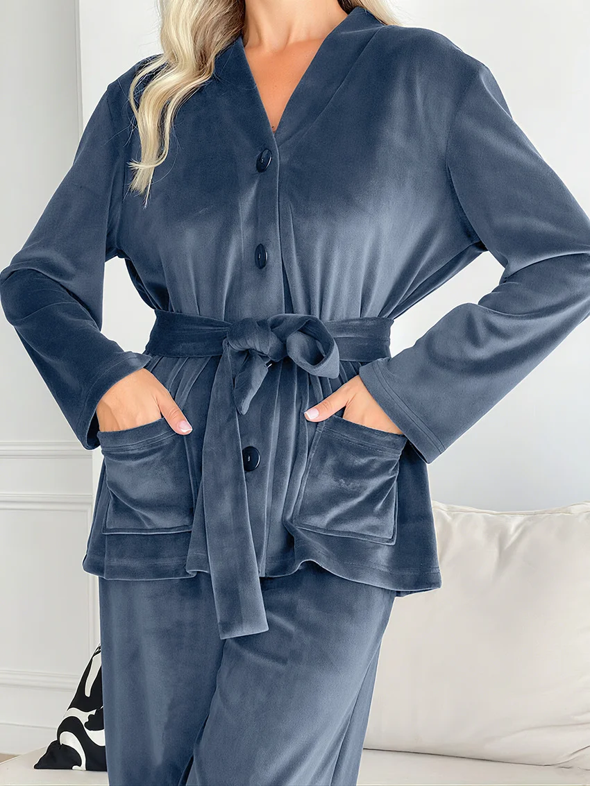 Women Plain Two-Piece Set Daily Long Sleeve Casual Spring/Fall Top With Pants Matching Set