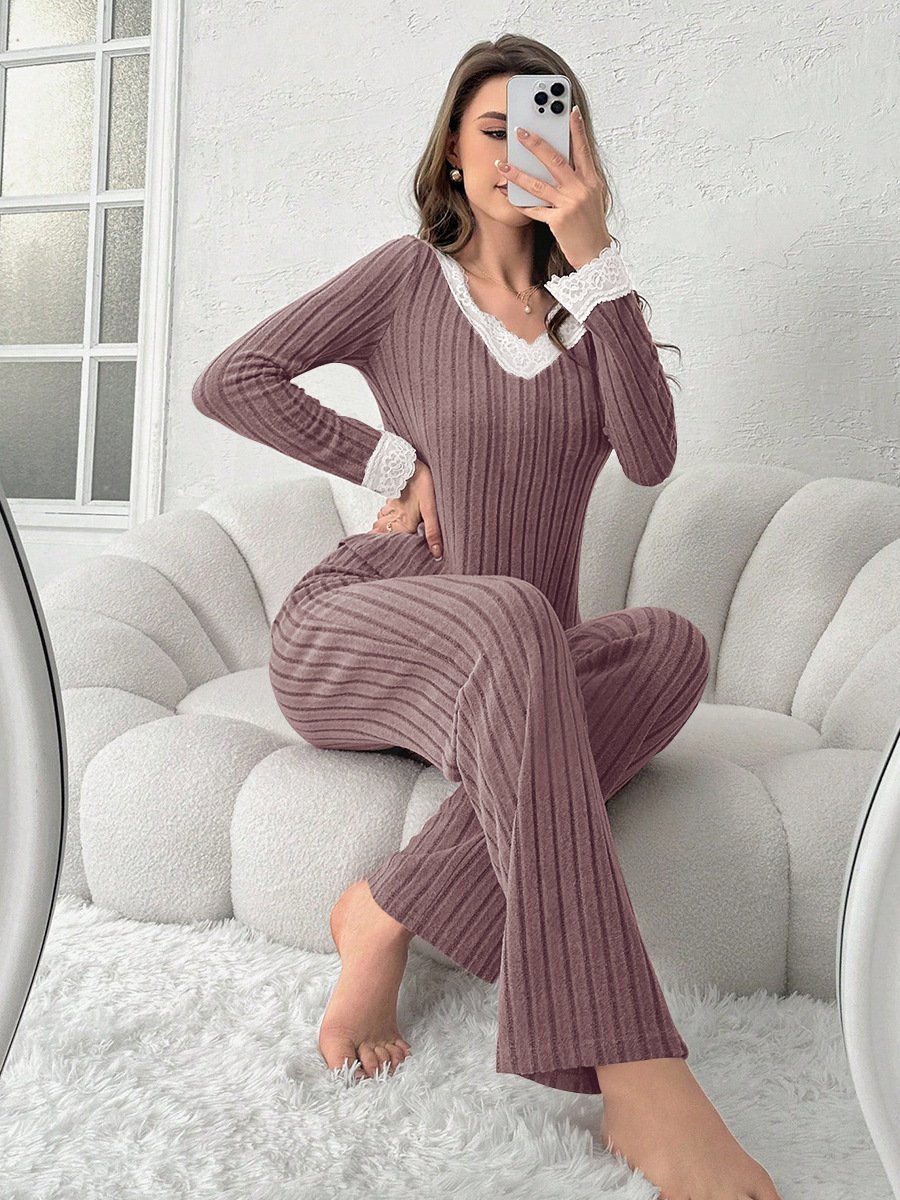 Women Plain Two-Piece Set Daily Long Sleeve Casual Spring/Fall Top With Pants Matching Set