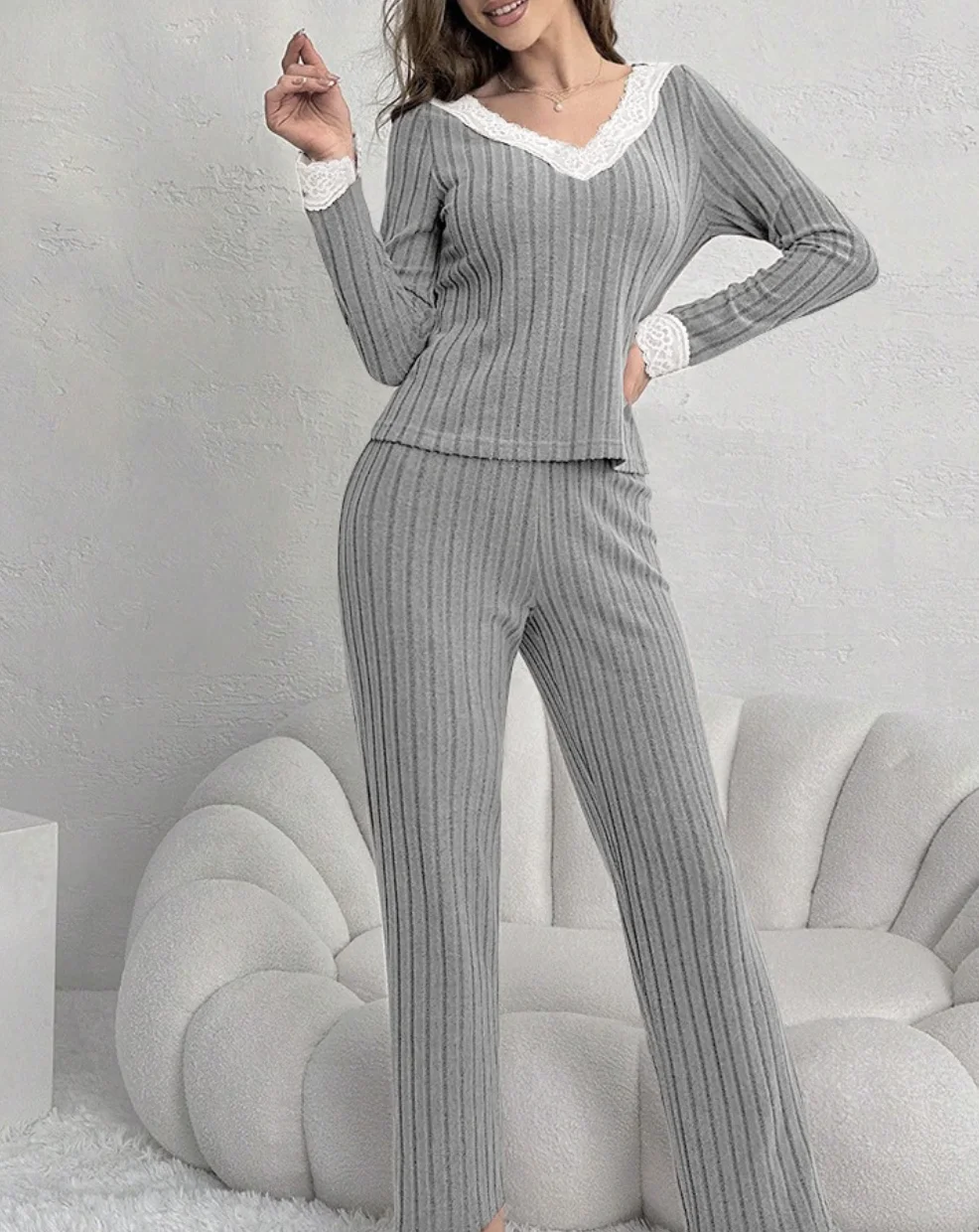 Women Plain Two-Piece Set Daily Long Sleeve Casual Spring/Fall Top With Pants Matching Set