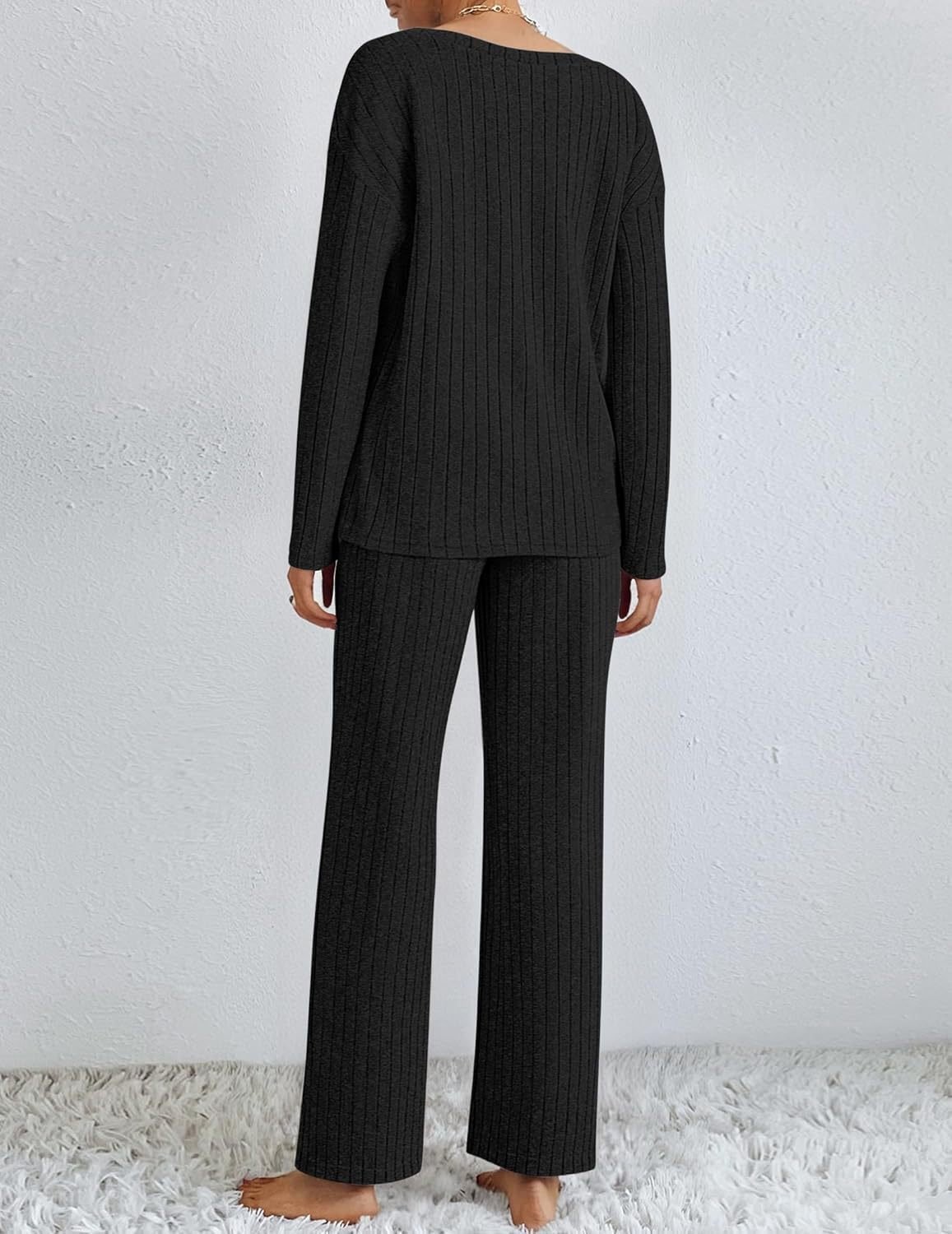 Women Plain Two-Piece Set Daily Long Sleeve Casual Spring/Fall Top With Pants Matching Set