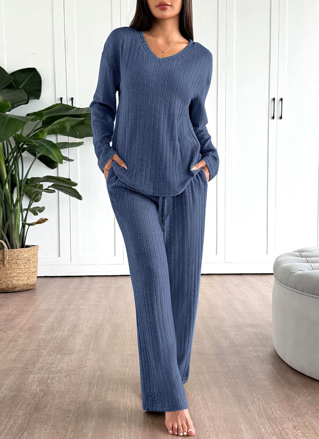Women Plain Two-Piece Set Daily Long Sleeve Casual Spring/Fall Top With Pants Matching Set