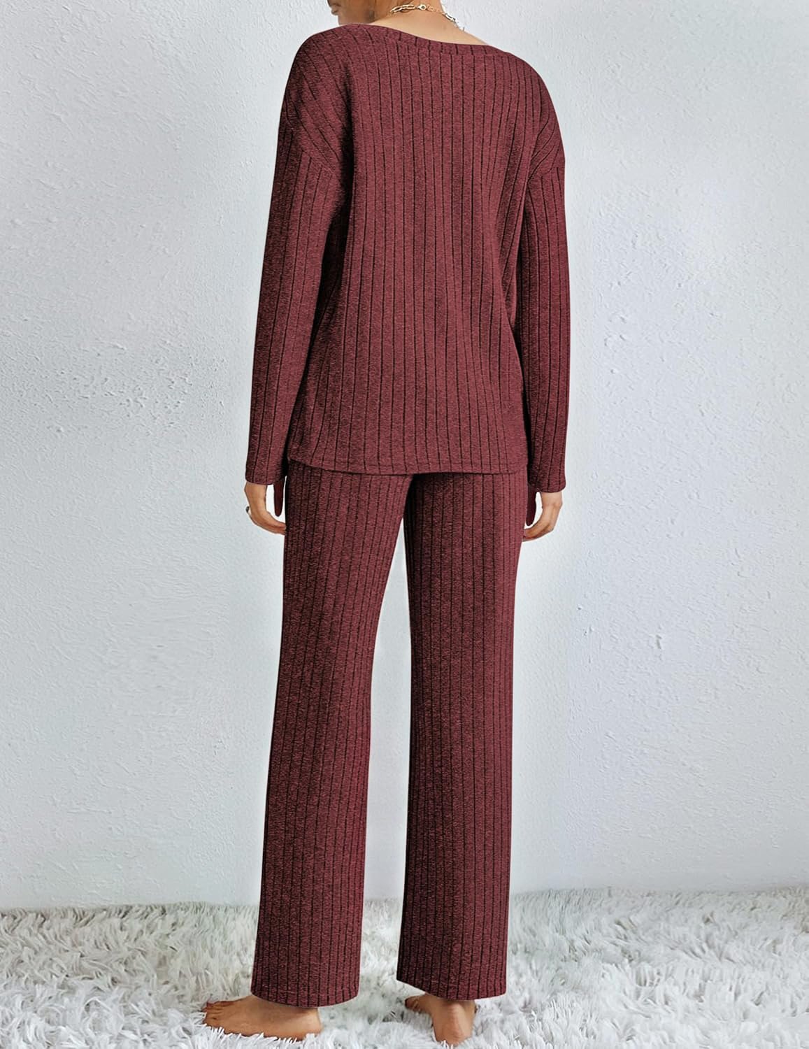 Women Plain Two-Piece Set Daily Long Sleeve Casual Spring/Fall Top With Pants Matching Set