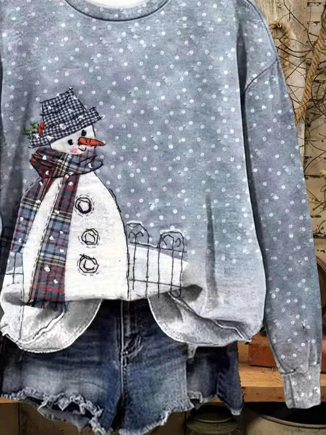 Casual Crew Neck Christmas Snowman Sweatshirt Printing