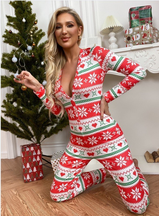 Women Christmas V Neck Long Sleeve Casual Spring/Fall Jumpsuit