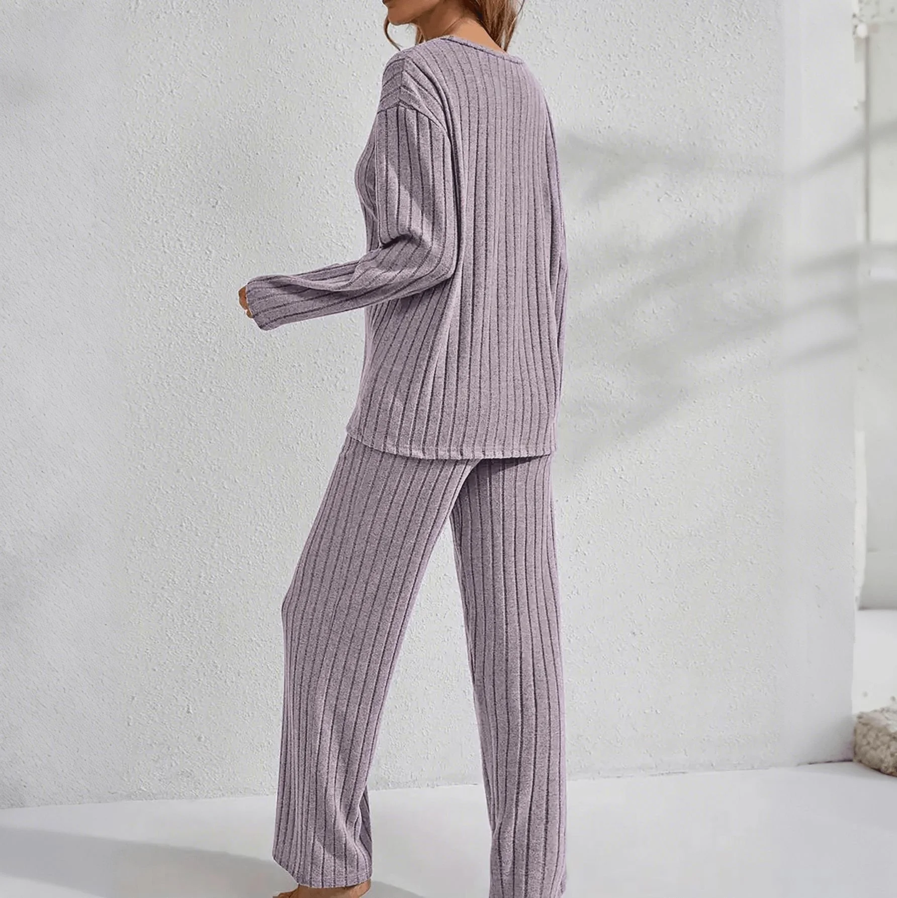 Autumn And Winter Warm Light Purple Knitted V-Neck Button Cardigan Ribbed Long-Sleeved Trousers Home Good Sleep Two-Piece Set
