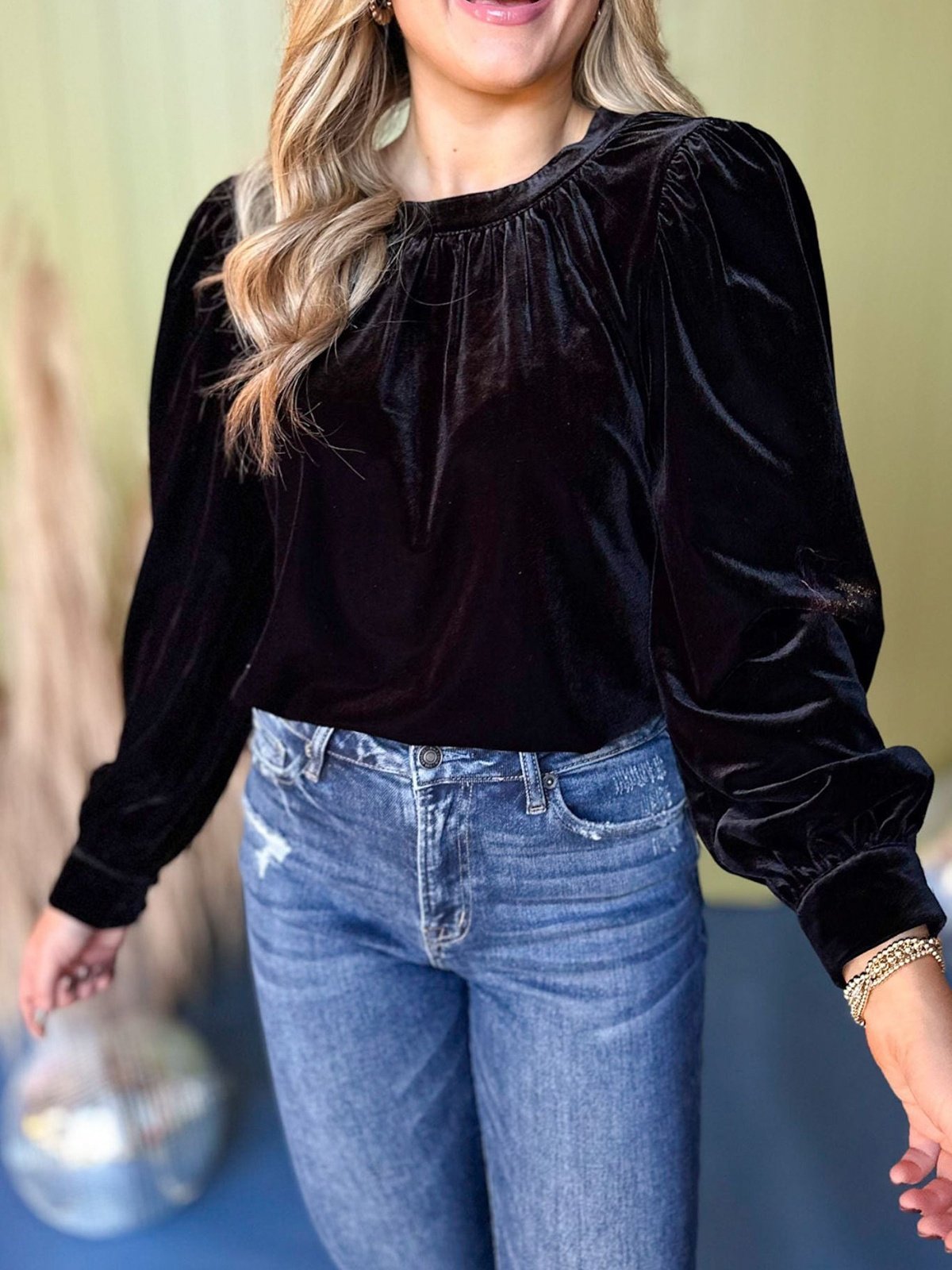 Crew Neck Puff Sleeve Long Sleeve Plain Gathered Regular Micro-Elasticity Loose Tunic Shirt For Women