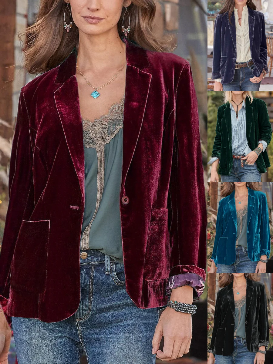 Women Plain Spring/Fall Outerwear Vintage Buckle Long Sleeve Lapel Collar Regular Blazer