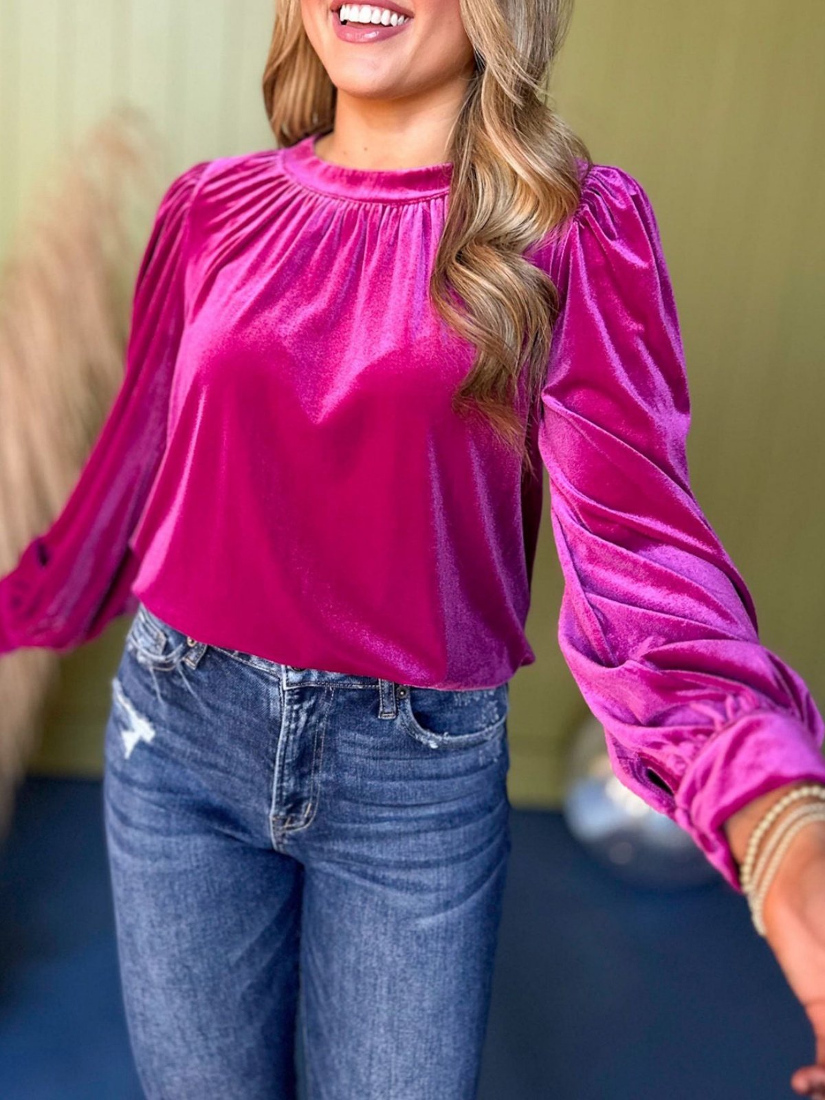 Crew Neck Puff Sleeve Long Sleeve Plain Gathered Regular Micro-Elasticity Loose Tunic Shirt For Women