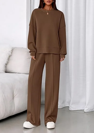 Women Plain Two-Piece Set Daily Long Sleeve Casual Spring/Fall Top With Pants Matching Set