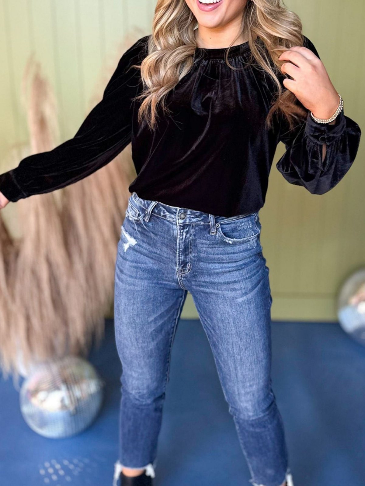 Crew Neck Puff Sleeve Long Sleeve Plain Gathered Regular Micro-Elasticity Loose Tunic Shirt For Women