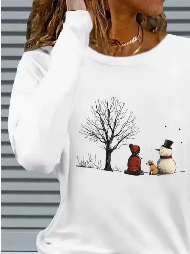 Casual Christmas Snowman Crew Neck Long Sleeve T-shirt