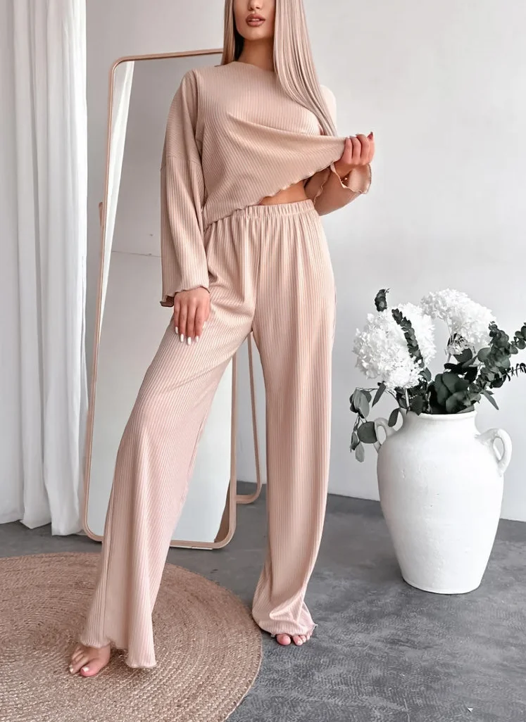 Women Plain Two-Piece Set Daily Long Sleeve Casual Spring/Fall Top With Pants Matching Set