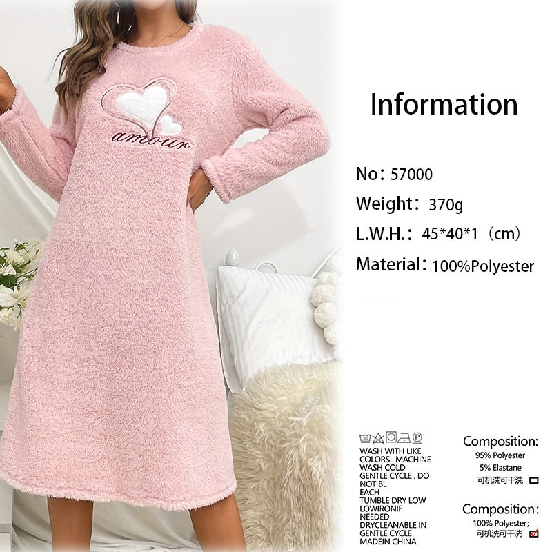 Autumn And Winter Pink Heart Flannel Long-Sleeved Thickened Nightgown Pullover Mid-Length Cute Home Clothes Nightgown