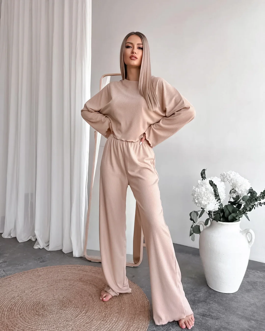 Women Plain Two-Piece Set Daily Long Sleeve Casual Spring/Fall Top With Pants Matching Set