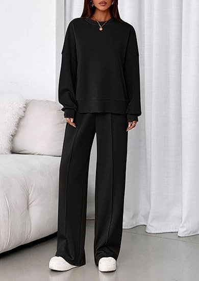 Women Plain Two-Piece Set Daily Long Sleeve Casual Spring/Fall Top With Pants Matching Set