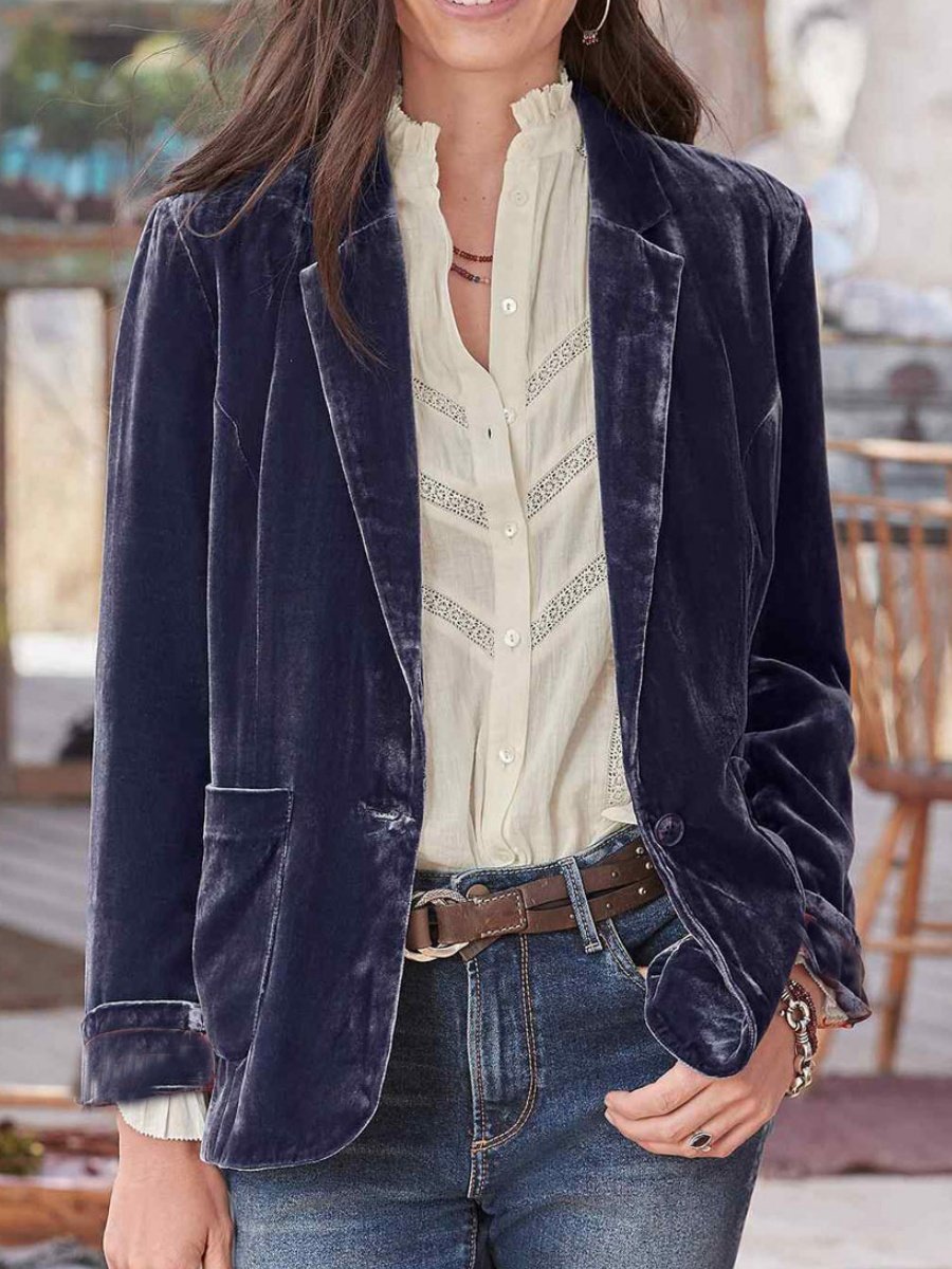 Women Plain Spring/Fall Outerwear Vintage Buckle Long Sleeve Lapel Collar Regular Blazer