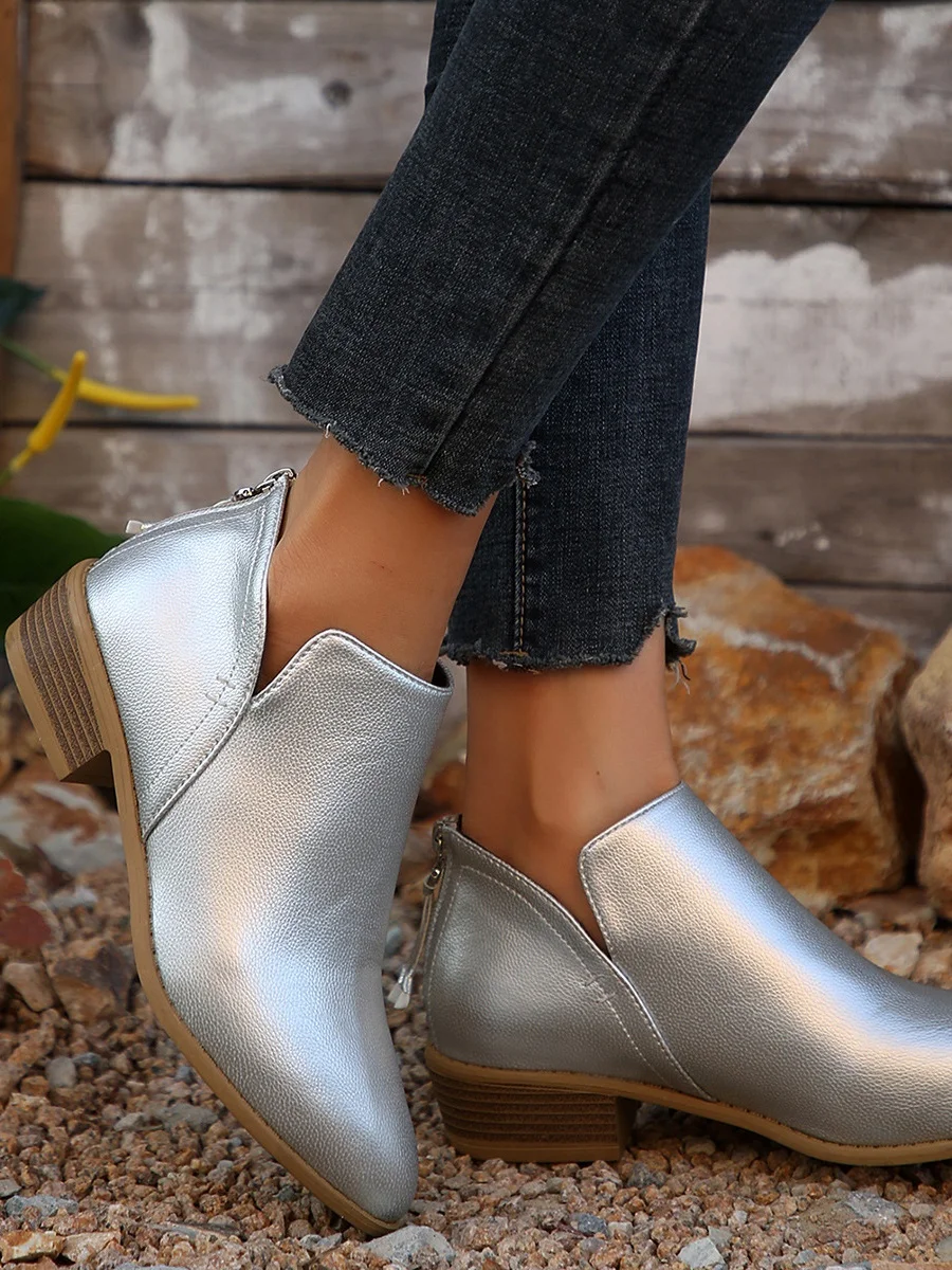 Vintage Plain Zipper Low Heel Classic Boots Split Joint