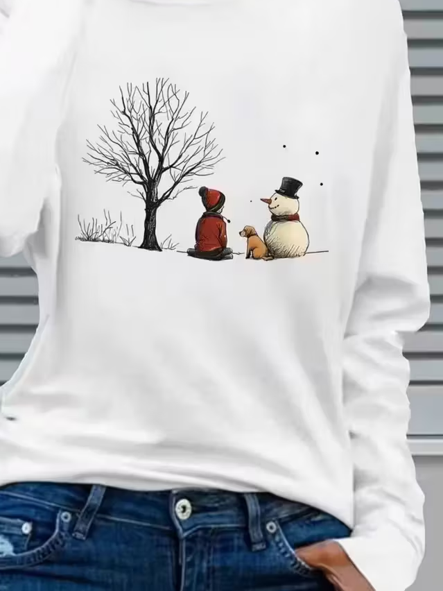 Casual Christmas Snowman Crew Neck Long Sleeve T-shirt