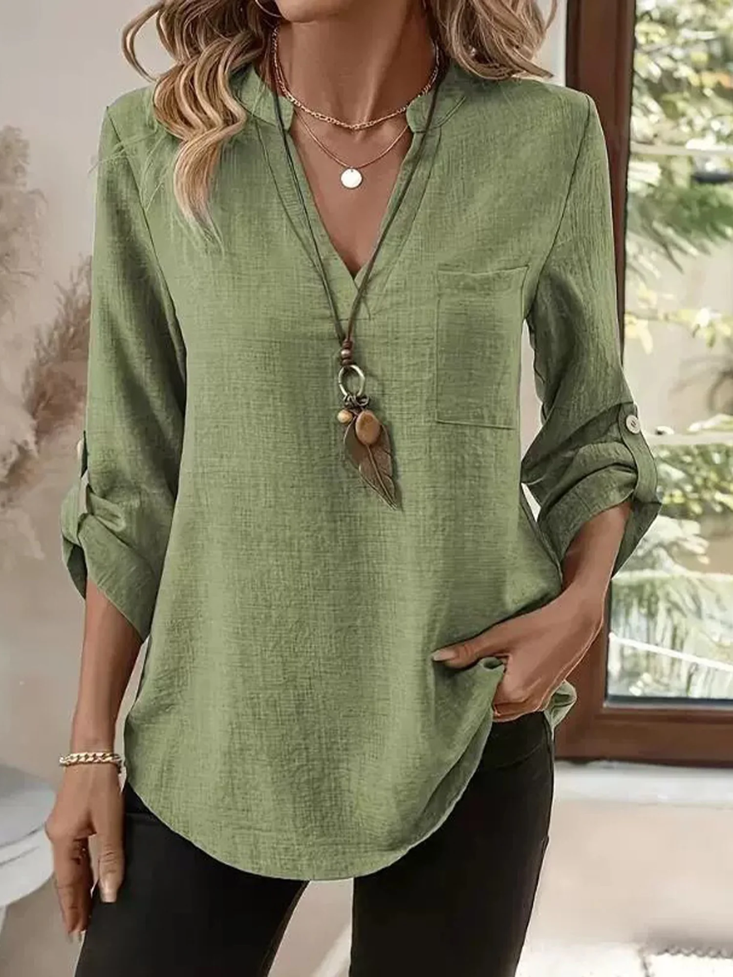 V Neck Long Sleeve Plain Regular Loose Shirt For Women