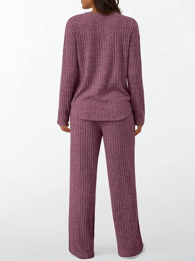 Women Plain Two-Piece Set Daily Long Sleeve Casual Spring/Fall Top With Pants Matching Set