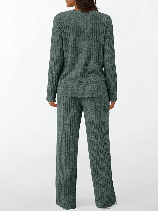 Women Plain Two-Piece Set Daily Long Sleeve Casual Spring/Fall Top With Pants Matching Set