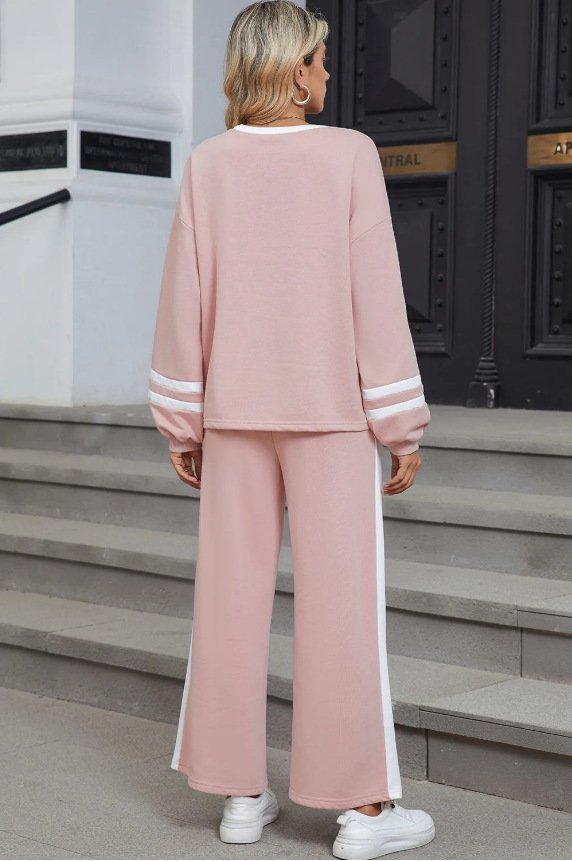 Women Color Block Two-Piece Set Daily Long Sleeve Casual Spring/Fall Top With Pants Matching Set