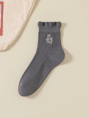 Cotton Embroidery Sweat-absorbent Trendy Japanese Style Cute Fungus Lace Mid-tube Women's Socks Breathable Pile Socks