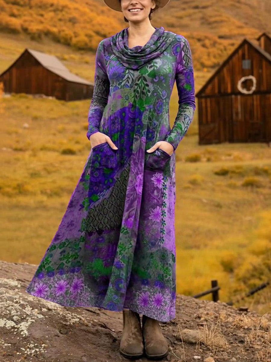 Women Geometric Spring/Fall Dress Cowl Neck Long Sleeve H-Line Dress